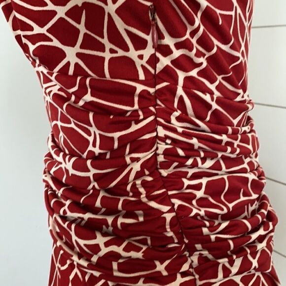 BCBGMaxAzria | Burnt Orange Giraffe Pattern Print Faux Wrap Ruched Dress | M - Picture 6 of 10